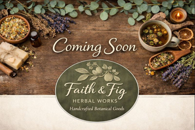 Promotional graphic for 'Faith & Fig Herbal Works' with herbal items on a wooden background.